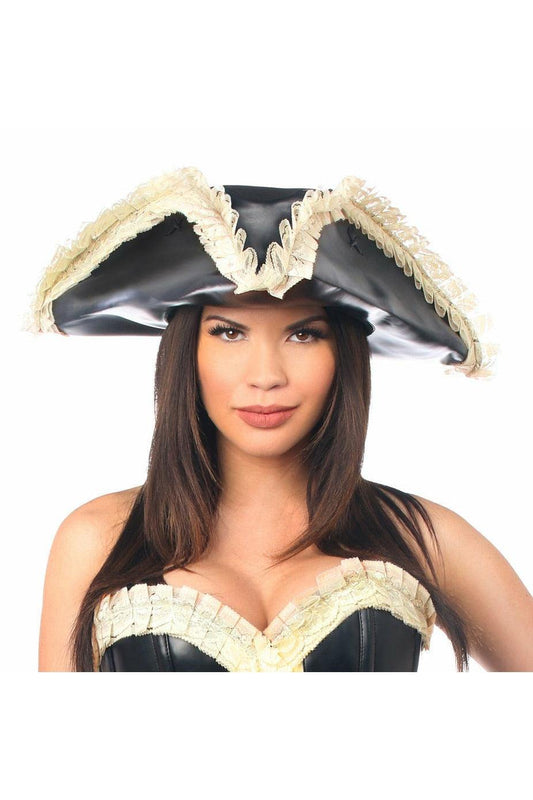Black Faux Leather w/Cream Lace Pirate Hat - Daisy Corsets