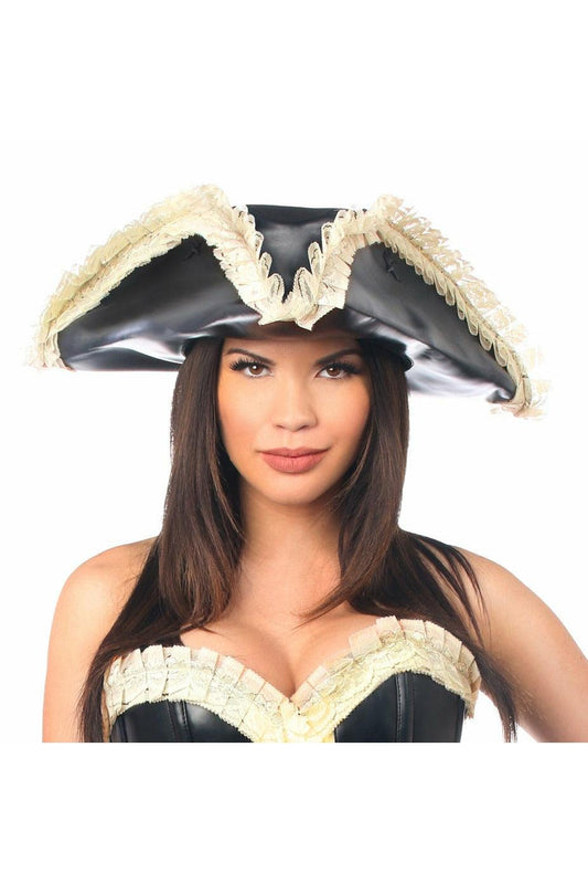 Black Faux Leather w/Cream Lace Pirate Hat - Flyclothing LLC
