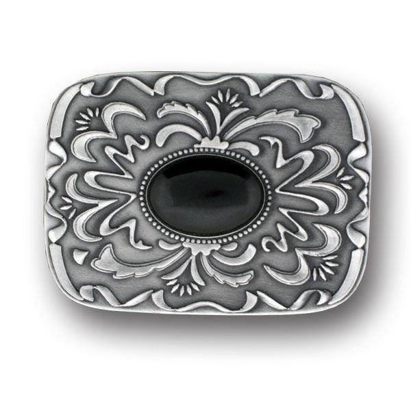 Black Stone with Western Scroll Rhinestone Belt Buckle - Siskiyou Buckle
