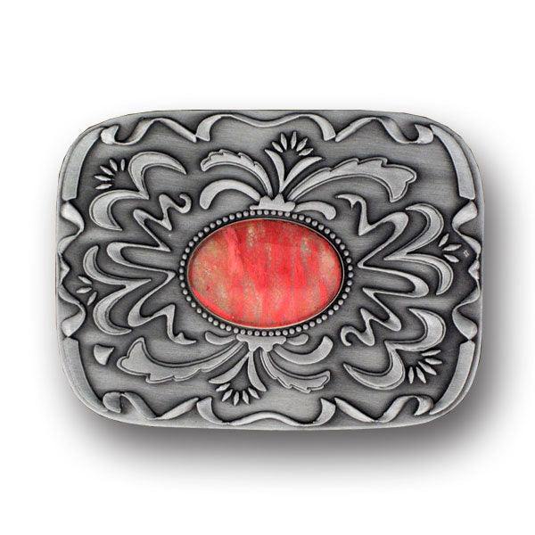 Pink Stone with Western Scroll Rhinestone Belt Buckle - Siskiyou Buckle