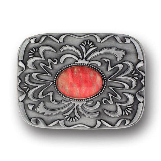 Pink Stone with Western Scroll Rhinestone Belt Buckle - Siskiyou Buckle