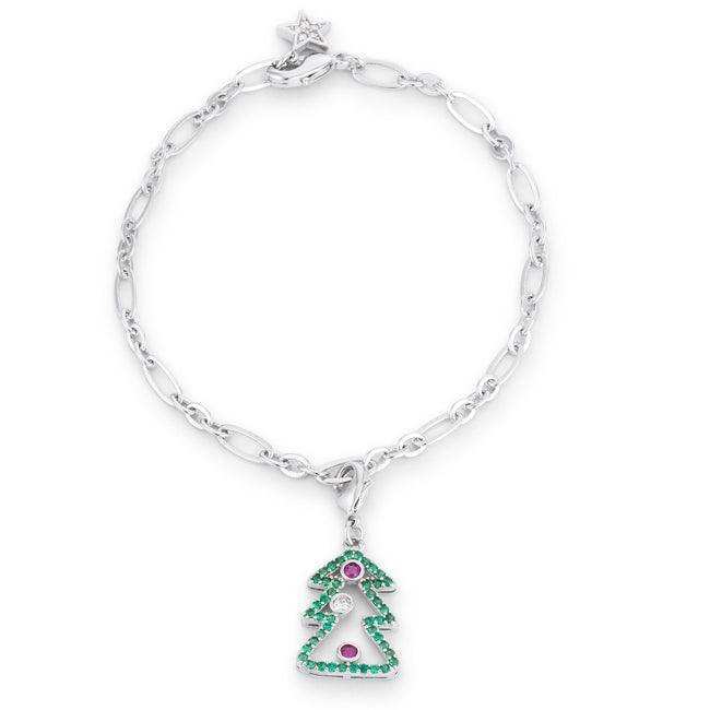 Christmas Tree 0.35ct CZ Rhodium Holiday Charm Bracelet - JGI
