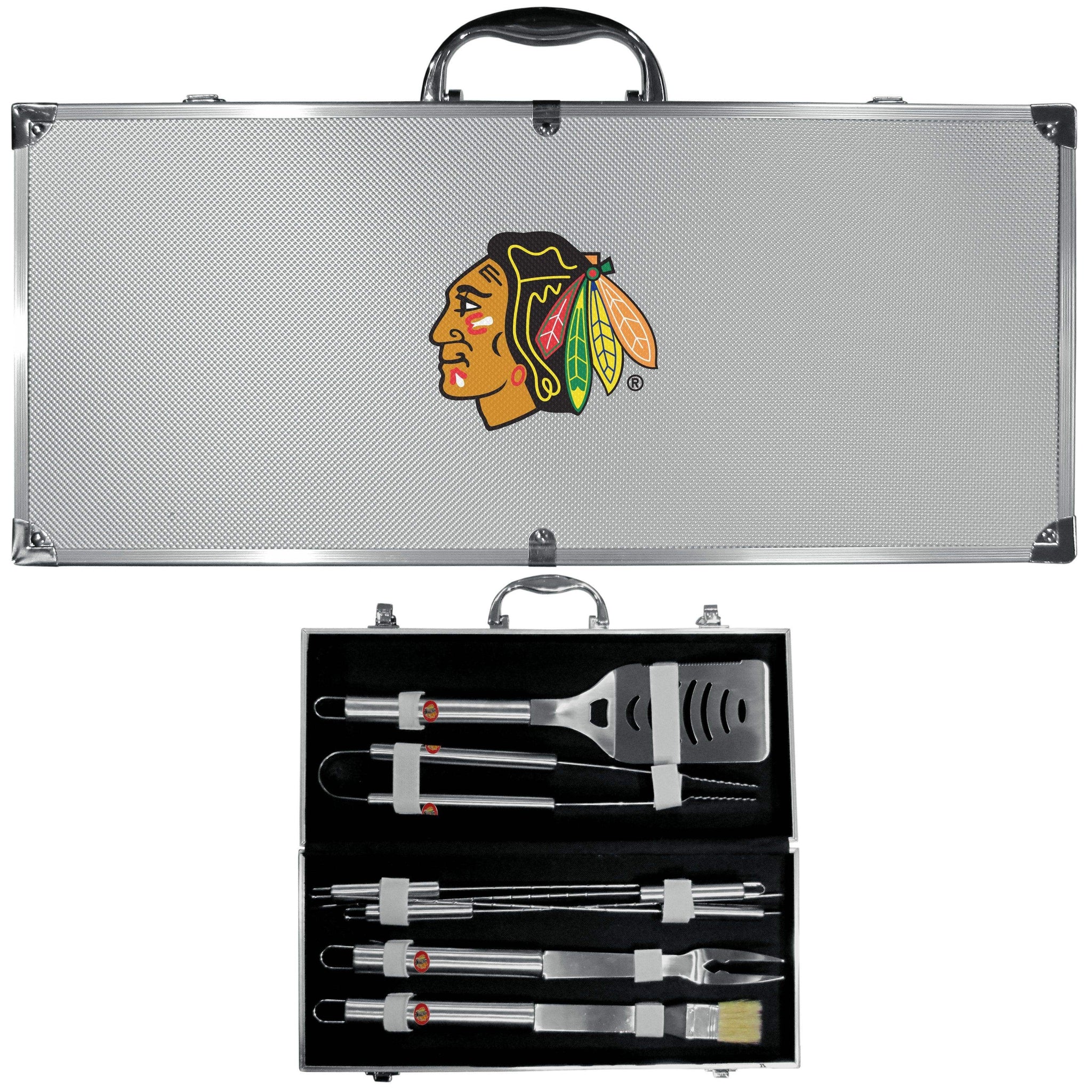 Chicago Blackhawks® 8 pc Stainless Steel BBQ Set w/Metal Case - Siskiyou Buckle - Flyclothing LLC