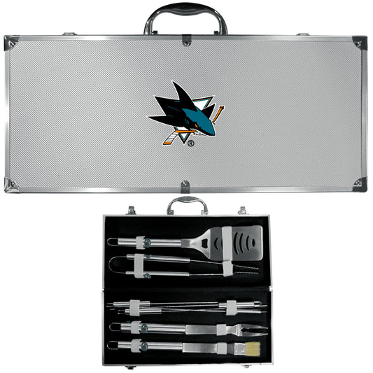 San Jose Sharks® 8 pc Stainless Steel BBQ Set w/Metal Case - Flyclothing LLC