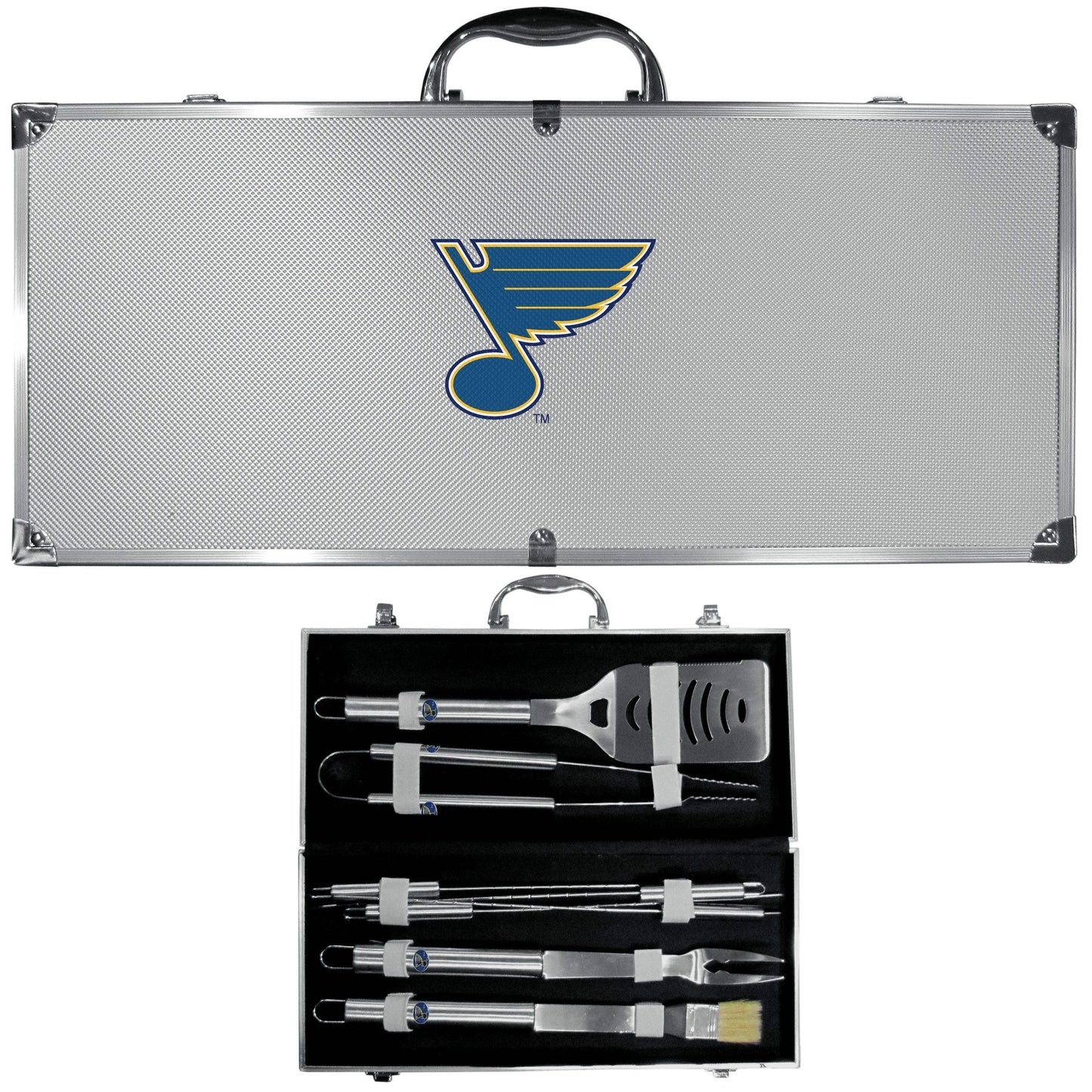 St. Louis Blues® 8 pc Stainless Steel BBQ Set w/Metal Case - Siskiyou Buckle - Flyclothing LLC