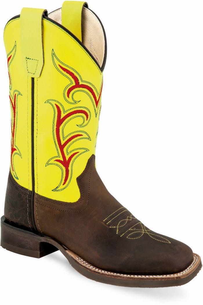 Old West Brown green Youth Square Round Toe Boots - Flyclothing LLC