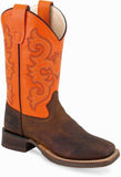 Old West Brown Neon Orange Youth Square Round Toe Boots - Old West