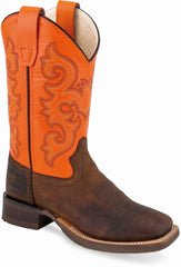 Old West Brown Neon Orange Youth Square Round Toe Boots - Flyclothing LLC