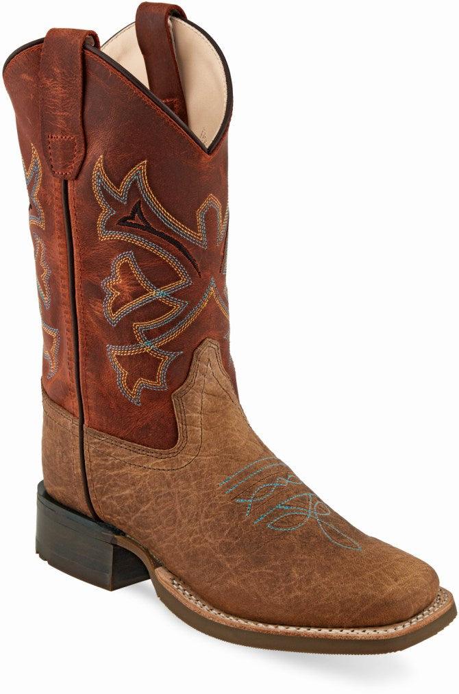 Old West Brown Burnt Red Waxy Youth Square Toe Boots - Flyclothing LLC