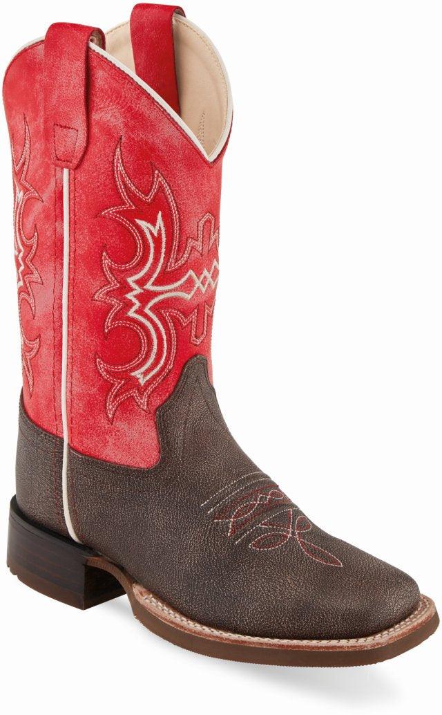 Old West Wipe Out Brown Dark Pink Youth Square Toe Boots - Flyclothing LLC