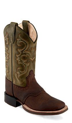 Old West Brown Green Waxy Youth Square Toe Boots - Flyclothing LLC