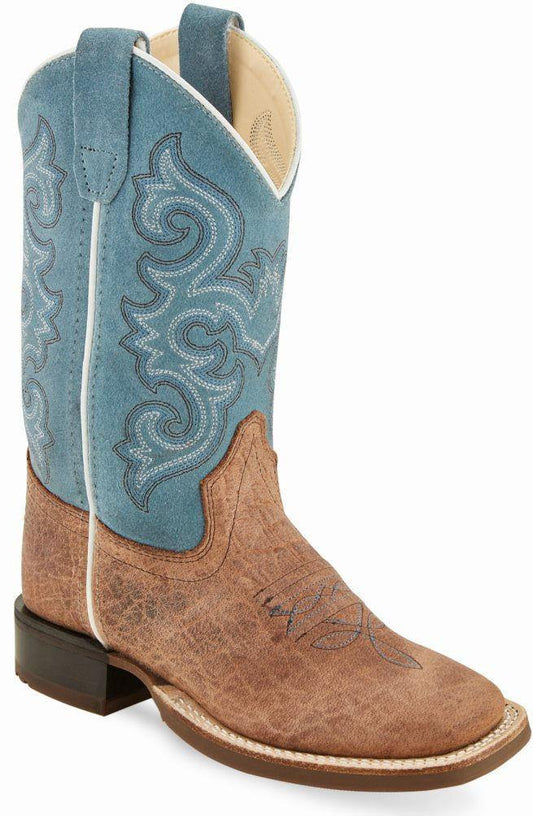 Old West Brown Bull Hide Print Sky Blue Suede Childrens Square Toe Boots - Old West