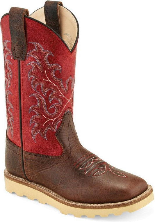 Old West Brown Rugby Grenadine Red Childrens Square Toe Boots - Flyclothing LLC