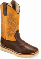 Old West Brown Shrunken Print Grenadine Yellow Childrens Square Toe Boots - Flyclothing LLC