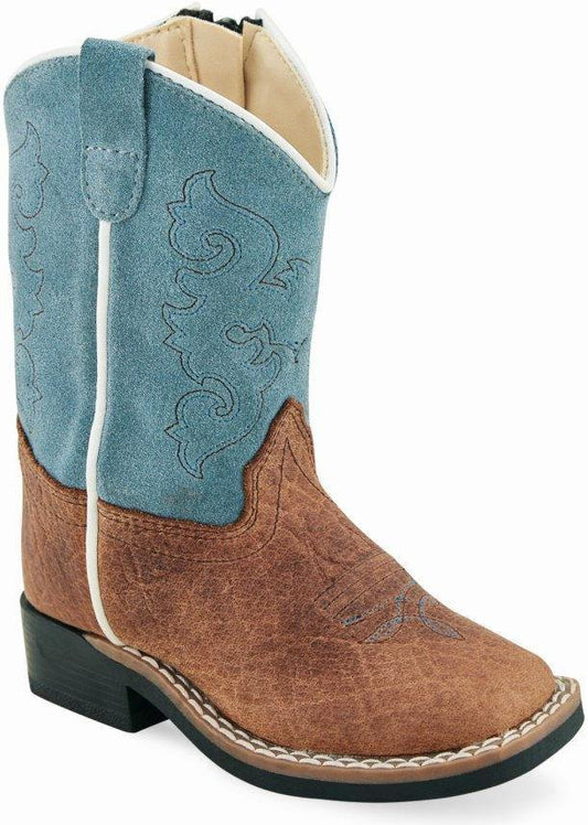 Old West Brown Bull Hide Print Sky Blue Suede Toddler Square Toe Boots - Old West