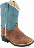 Old West Brown Bull Hide Print Sky Blue Suede Toddler Square Toe Boots - Old West