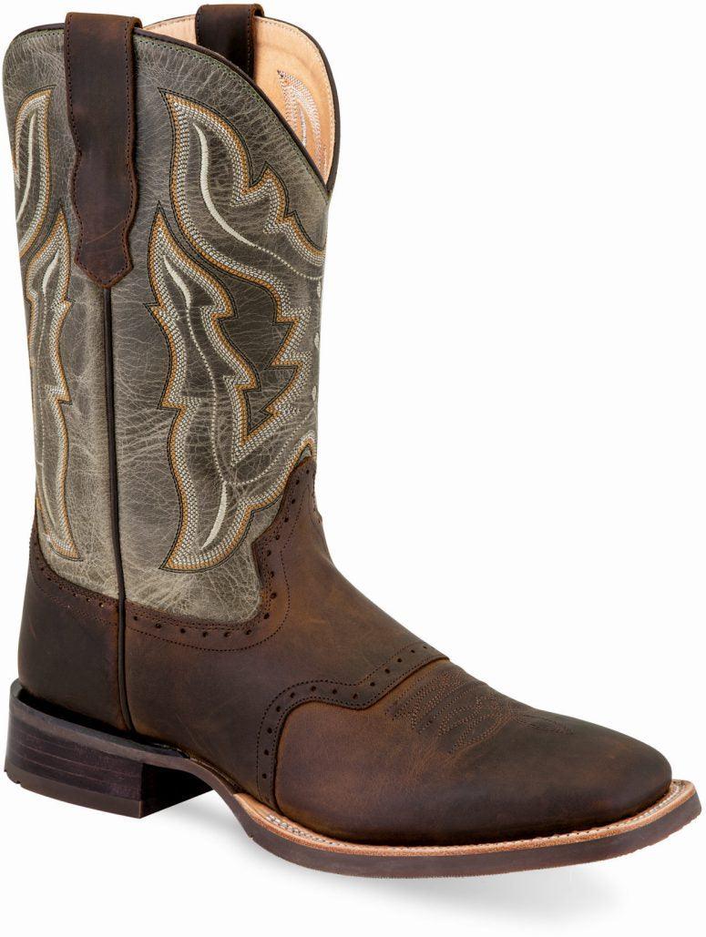 Old West Brown Green Mens Square Toe Boots - Flyclothing LLC