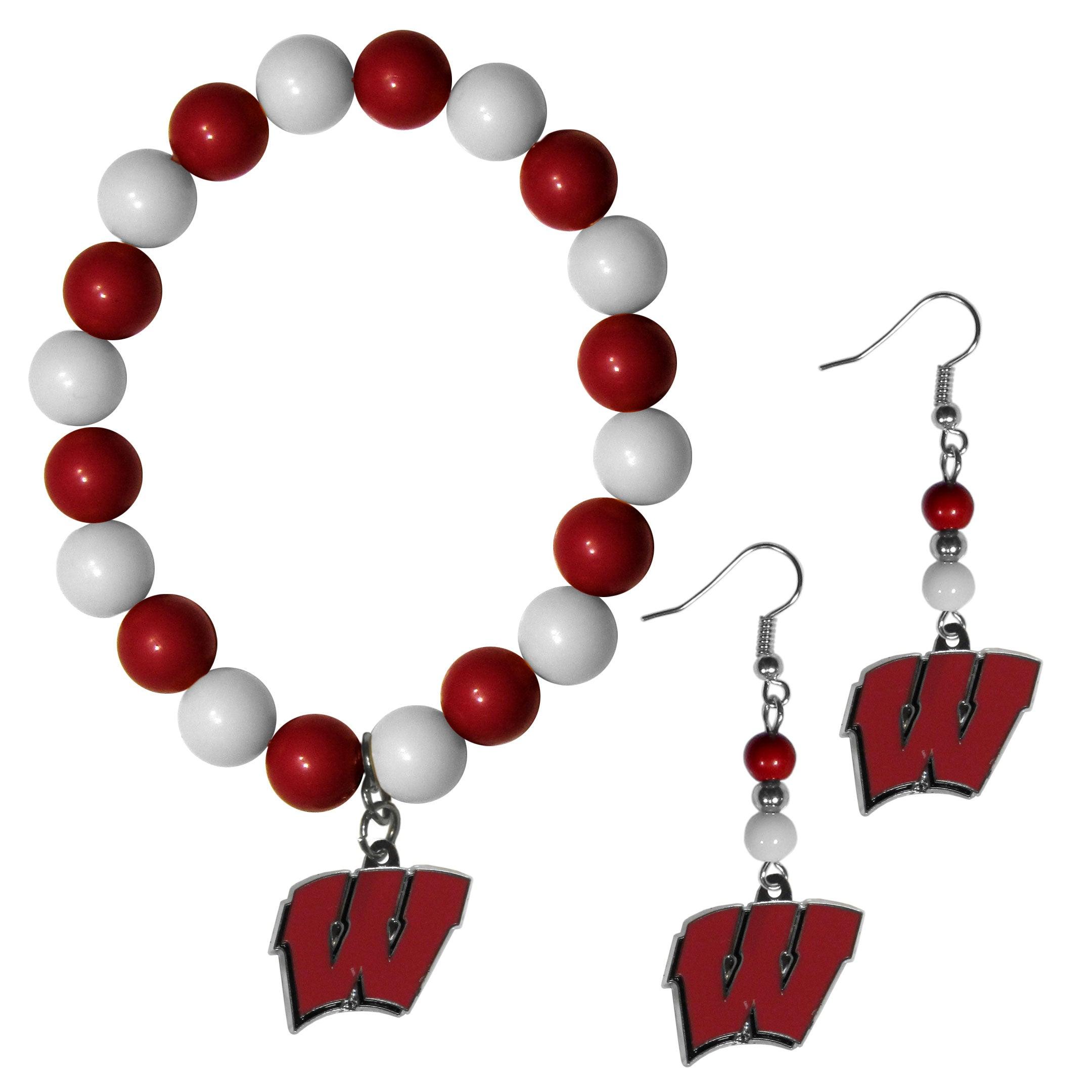 Wisconsin Badgers Fan Bead Earrings and Bracelet Set - Flyclothing LLC