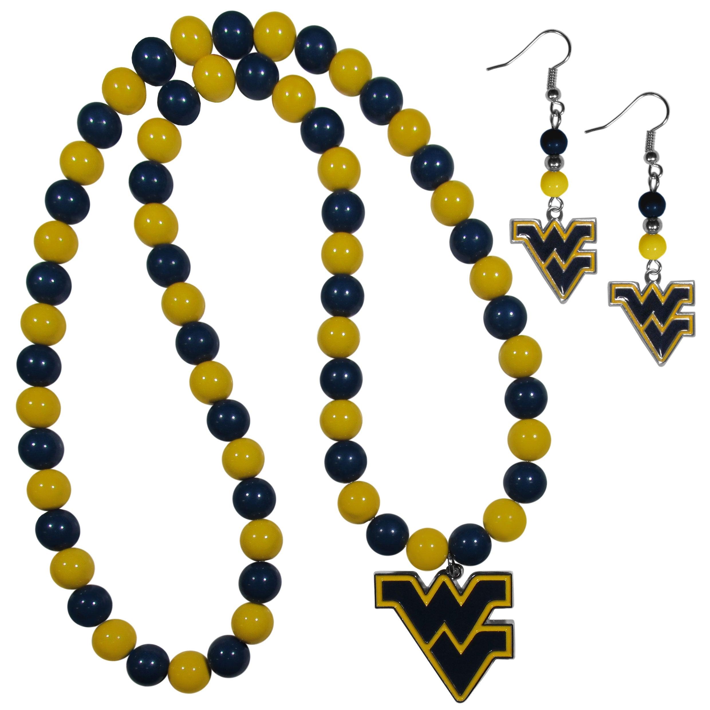 W. Virginia Mountaineers Fan Bead Earrings and Necklace Set - Flyclothing LLC