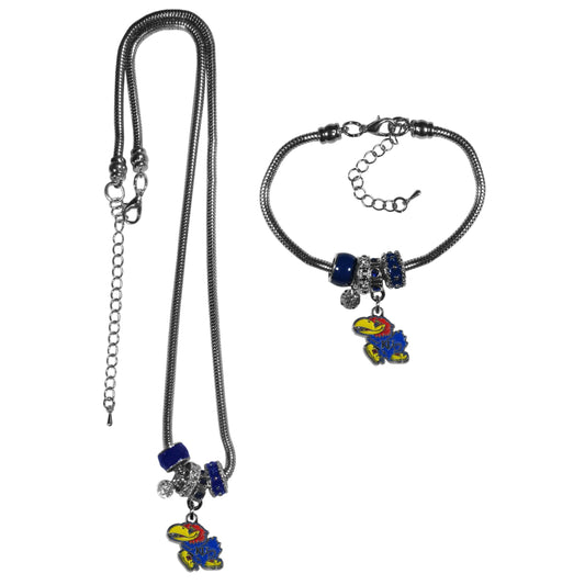 Kansas Jayhawks Euro Bead Necklace and Bracelet Set - Flyclothing LLC