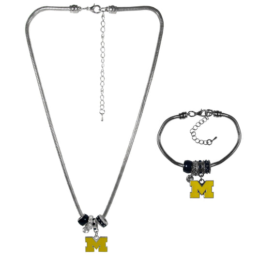 Michigan Wolverines Euro Bead Necklace and Bracelet Set - Flyclothing LLC