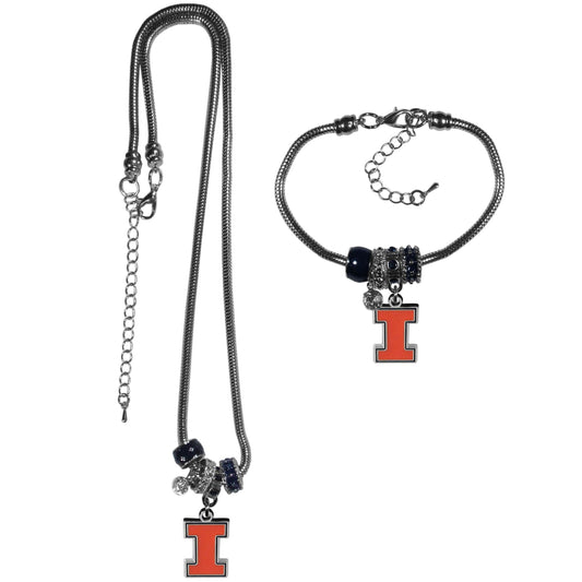 Illinois Fighting Illini Euro Bead Necklace and Bracelet Set - Flyclothing LLC