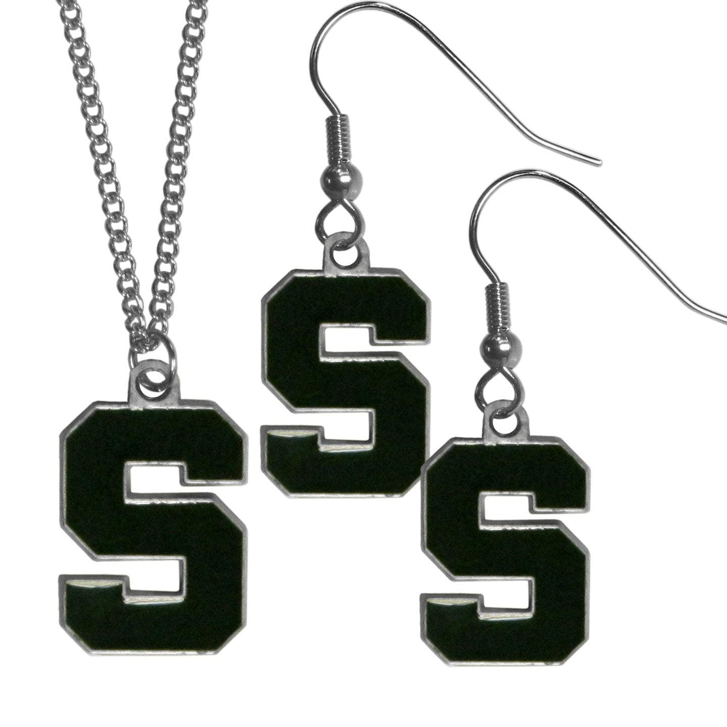 Michigan St. Spartans Dangle Earrings and Chain Necklace Set - Flyclothing LLC