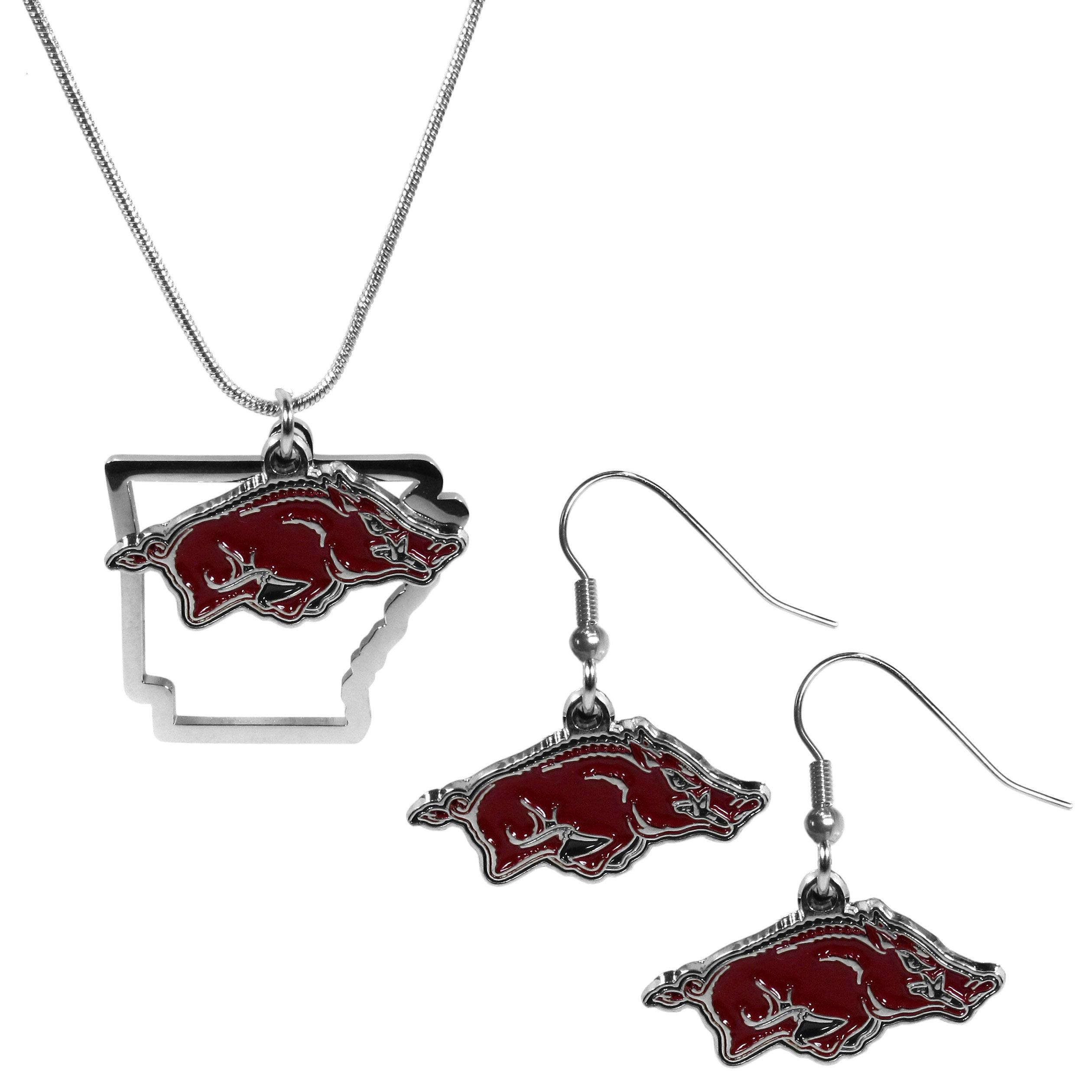 Arkansas Razorbacks Dangle Earrings and State Necklace Set - Flyclothing LLC