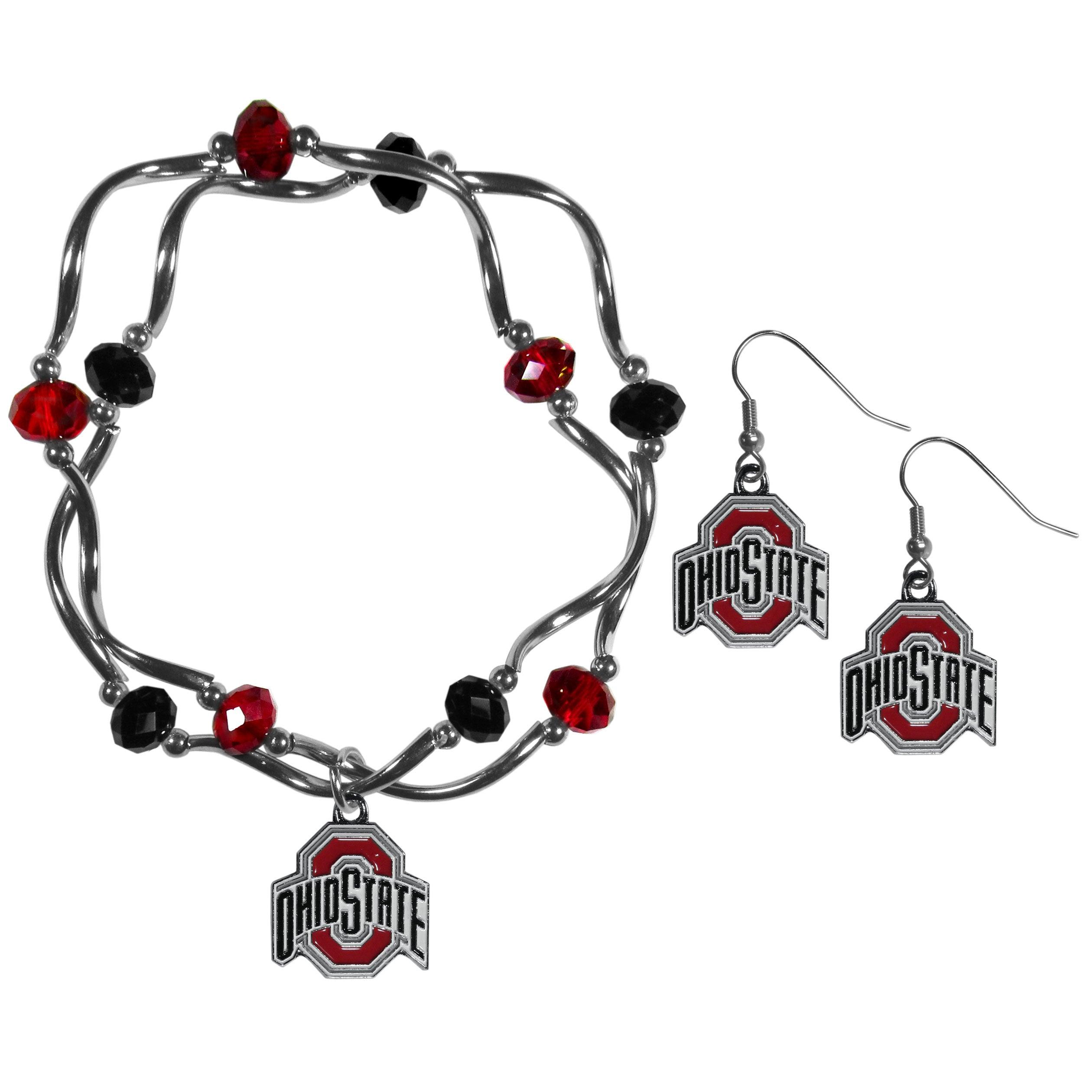 Ohio St. Buckeyes Dangle Earrings and Crystal Bead Bracelet Set - Flyclothing LLC