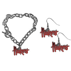 Nebraska Cornhuskers Chain Bracelet and Dangle Earring Set - Flyclothing LLC