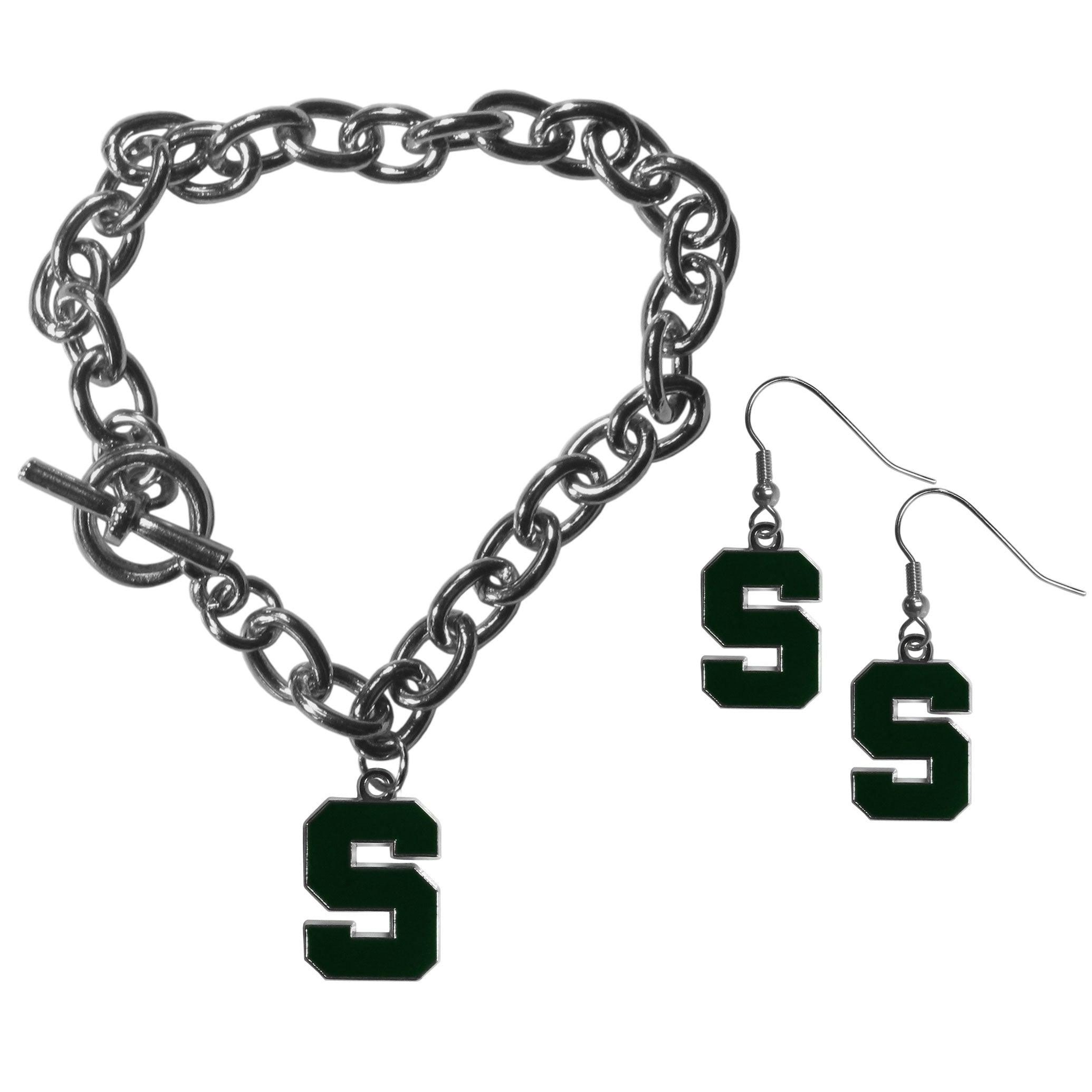 Michigan St. Spartans Chain Bracelet and Dangle Earring Set - Flyclothing LLC