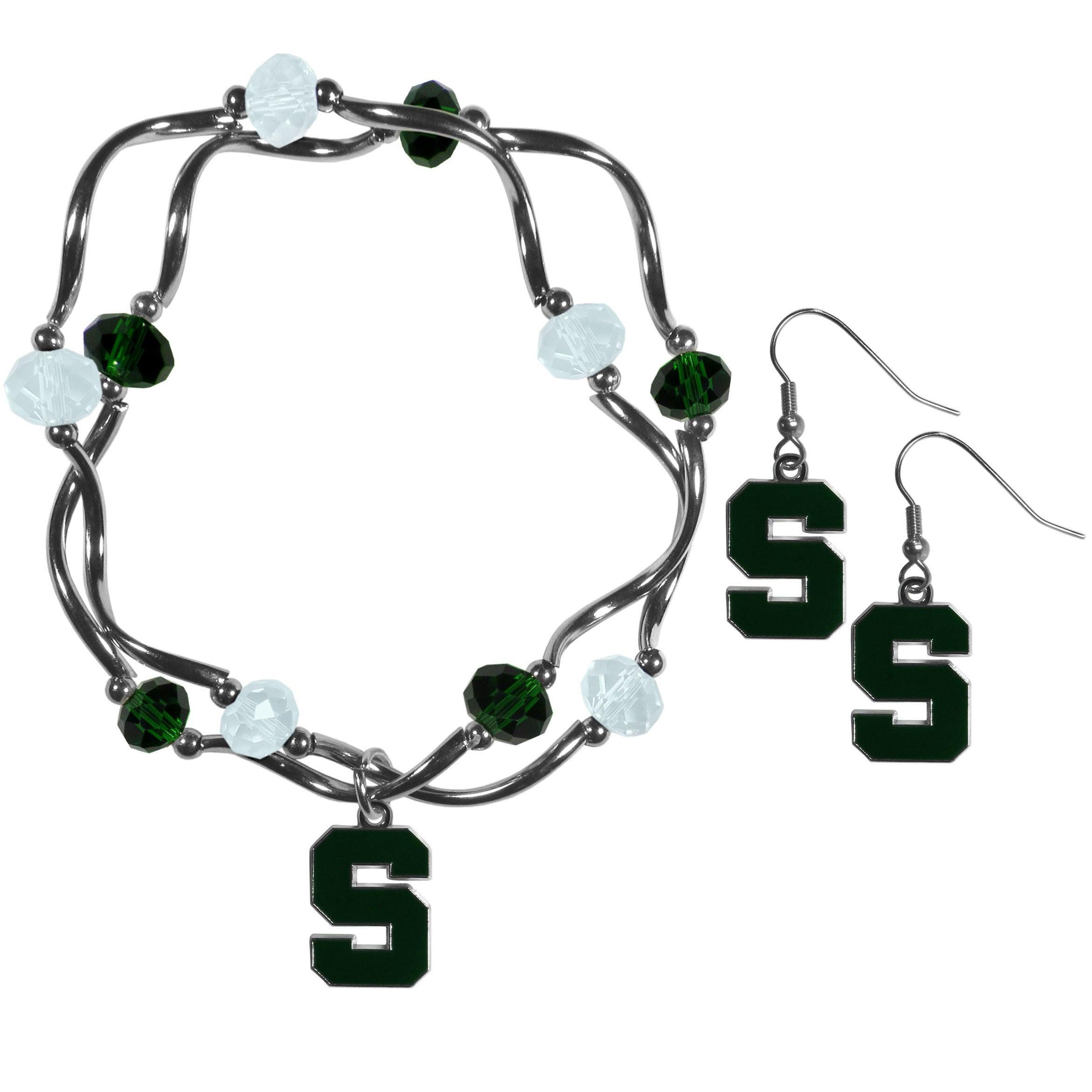Michigan St. Spartans Dangle Earrings and Crystal Bead Bracelet Set - Flyclothing LLC