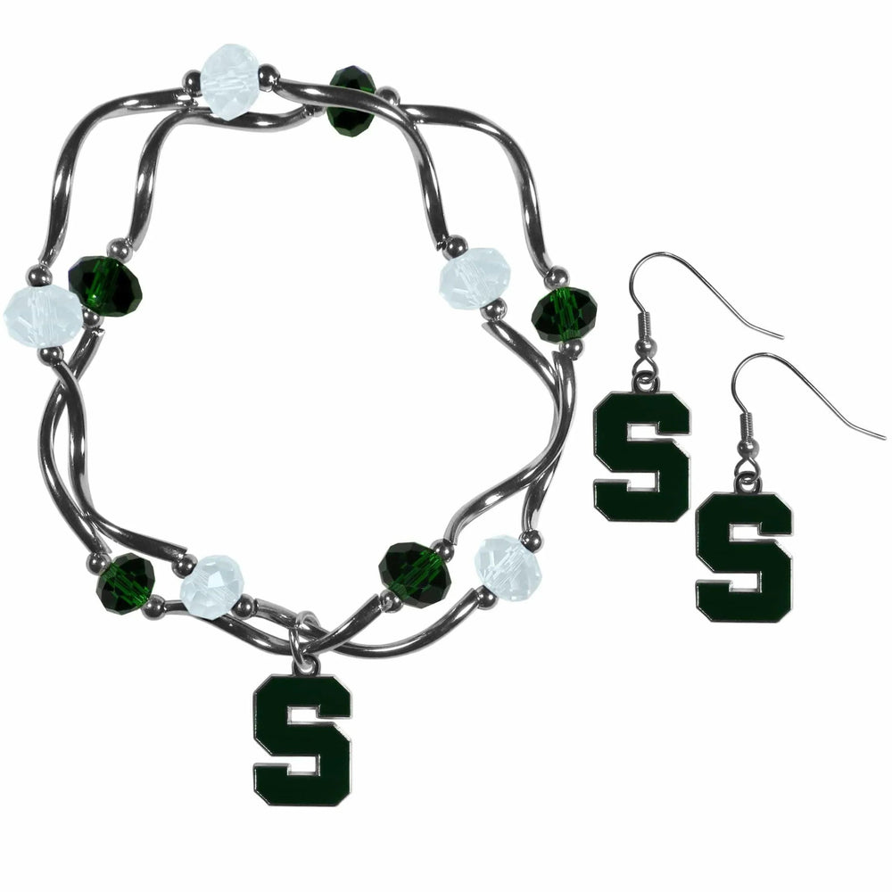 Michigan St. Spartans Dangle Earrings and Crystal Bead Bracelet Set - Siskiyou Buckle