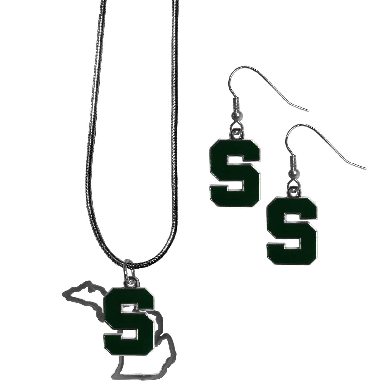Michigan St. Spartans Dangle Earrings and State Necklace Set - Flyclothing LLC