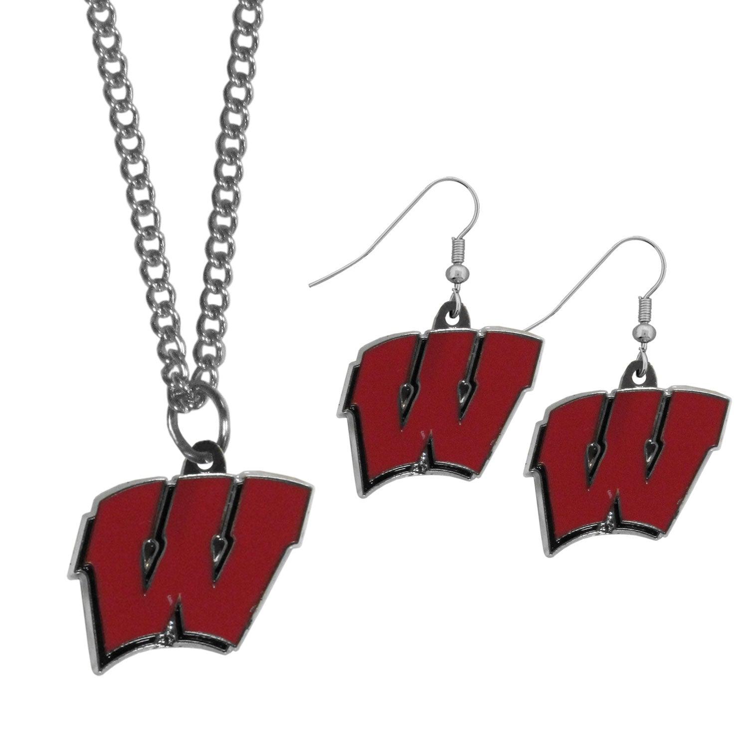Wisconsin Badgers Dangle Earrings and Chain Necklace Set - Flyclothing LLC