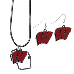 Wisconsin Badgers Dangle Earrings and State Necklace Set - Flyclothing LLC