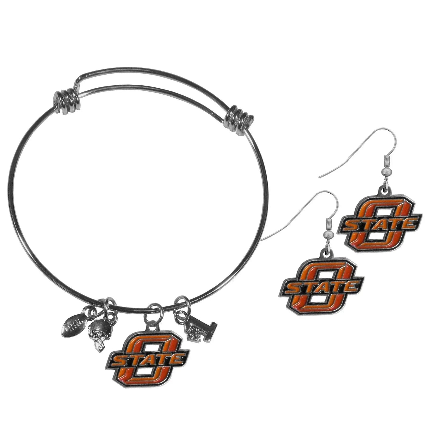 Oklahoma St. Cowboys Dangle Earrings and Charm Bangle Bracelet Set - Siskiyou Buckle - Flyclothing LLC