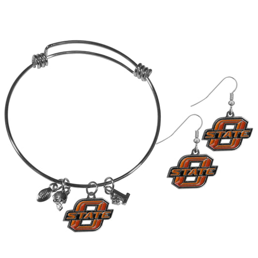 Oklahoma St. Cowboys Dangle Earrings and Charm Bangle Bracelet Set - Flyclothing LLC
