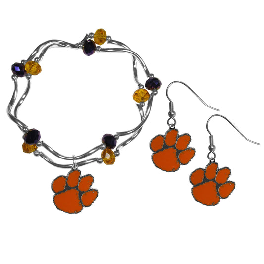 Clemson Tigers Dangle Earrings and Crystal Bead Bracelet Set - Flyclothing LLC