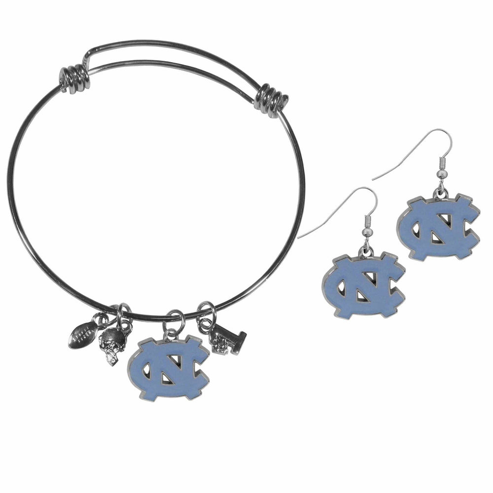 N. Carolina Tar Heels Dangle Earrings and Charm Bangle Bracelet Set - Siskiyou Buckle