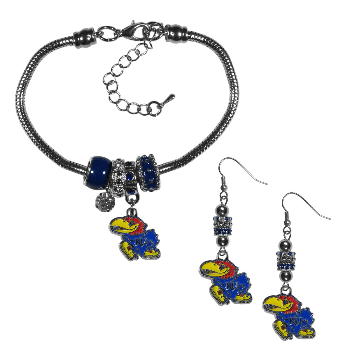 Kansas Jayhawks Euro Bead Earrings and Bracelet Set - Flyclothing LLC