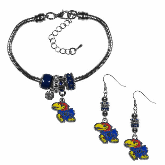 Kansas Jayhawks Euro Bead Earrings and Bracelet Set - Siskiyou Buckle