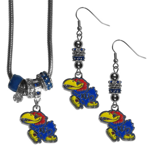 Kansas Jayhawks Euro Bead Earrings and Necklace Set - Flyclothing LLC