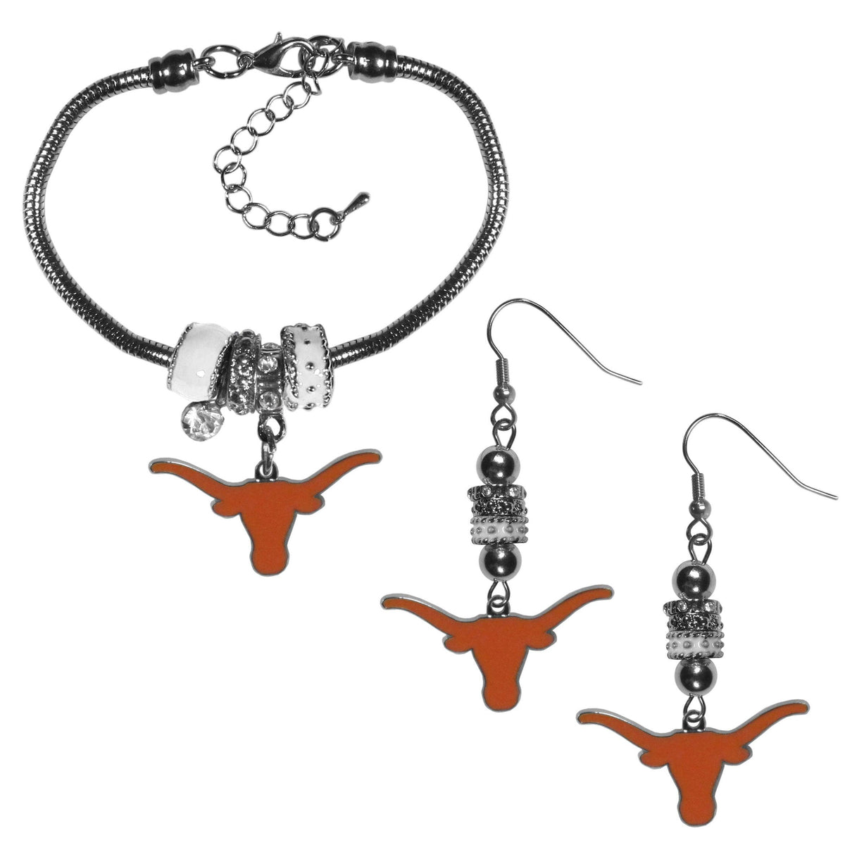 Texas Longhorns Euro Bead Earrings and Bracelet Set - Flyclothing LLC