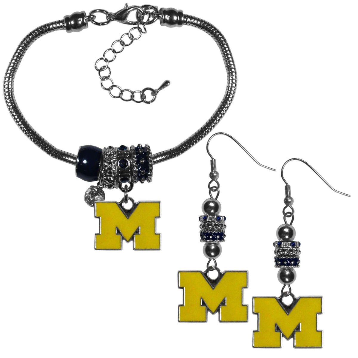 Michigan Wolverines Euro Bead Earrings and Bracelet Set - Siskiyou Buckle - Flyclothing LLC