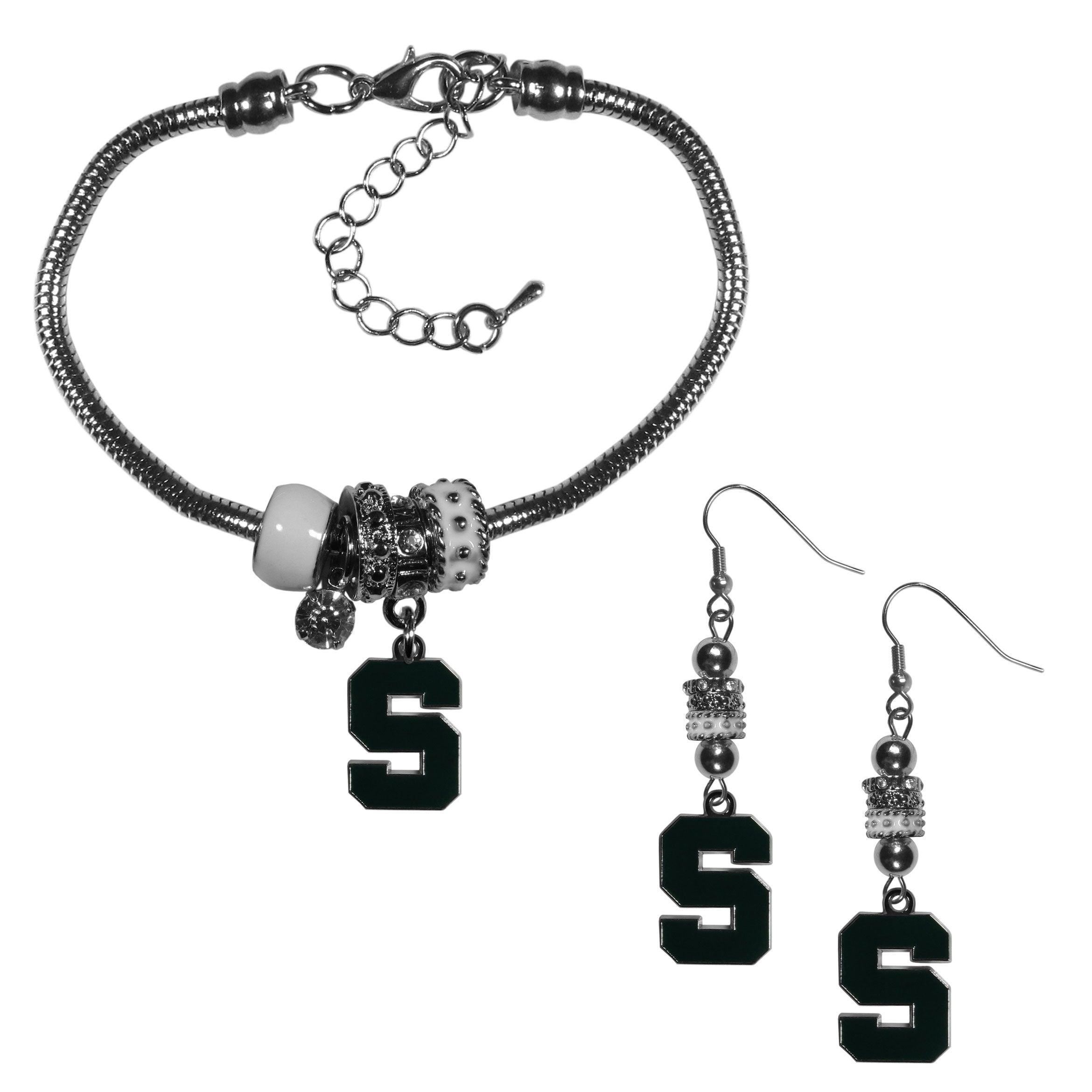 Michigan St. Spartans Euro Bead Earrings and Bracelet Set - Flyclothing LLC
