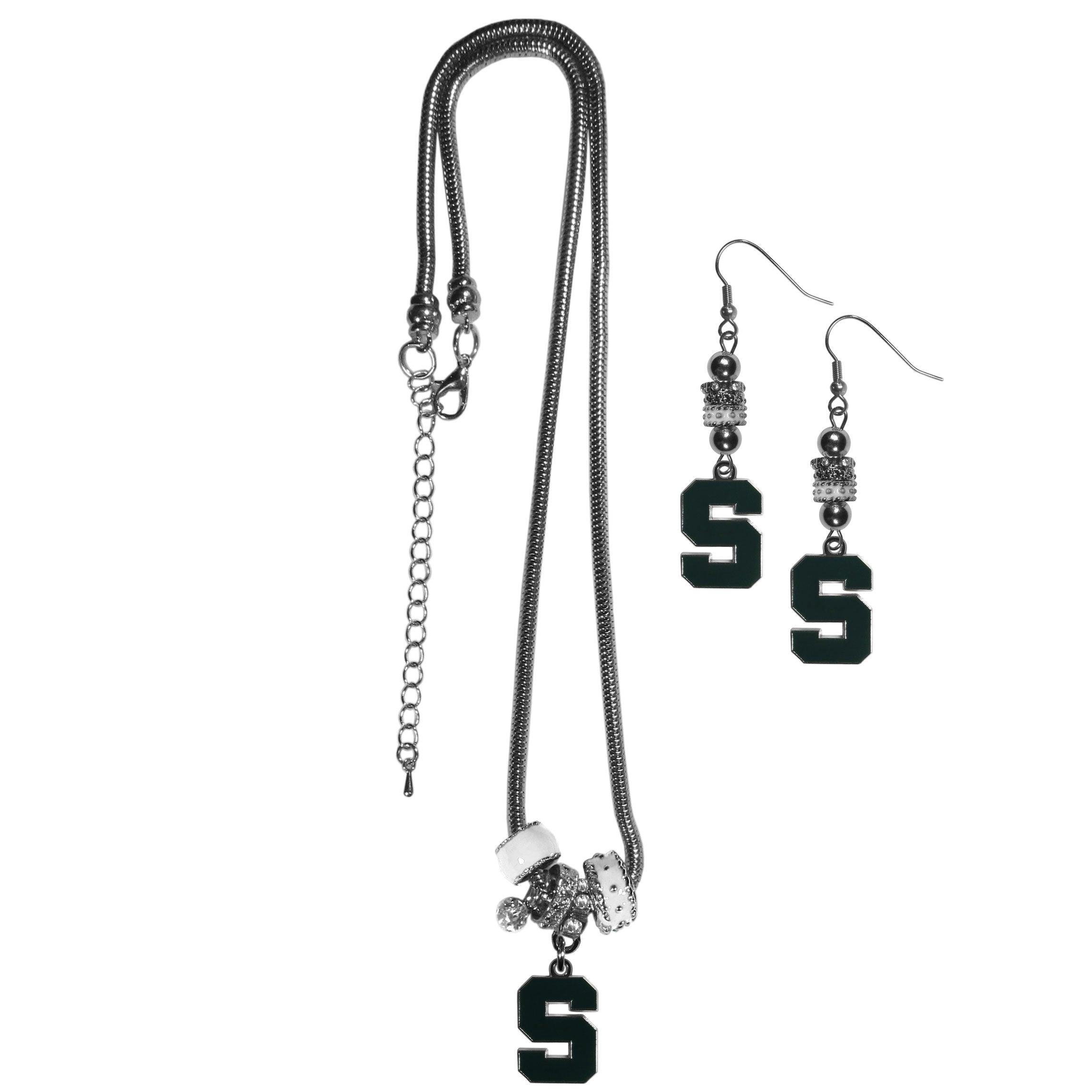 Michigan St. Spartans Euro Bead Earrings and Necklace Set - Flyclothing LLC