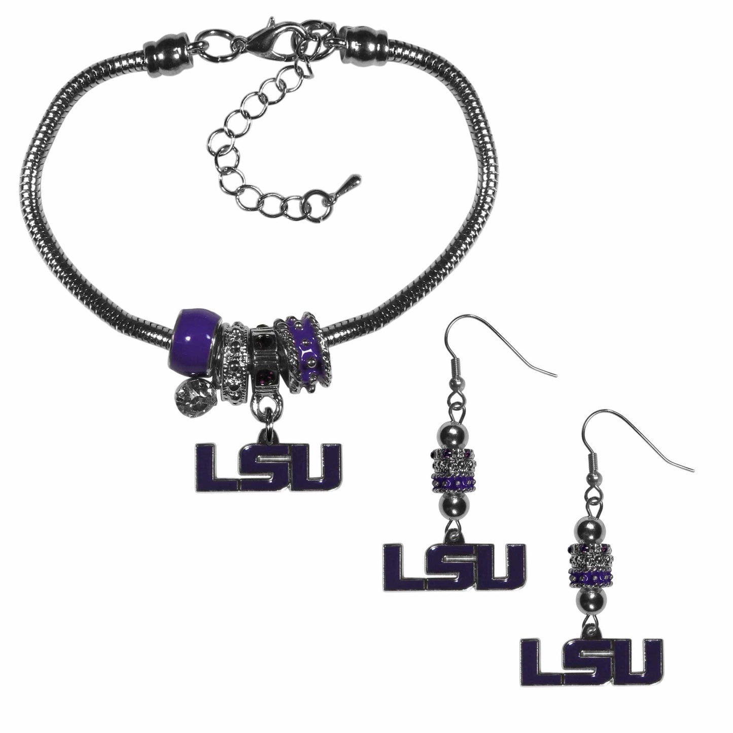 LSU Tigers Euro Bead Earrings and Bracelet Set - Siskiyou Buckle - Flyclothing LLC