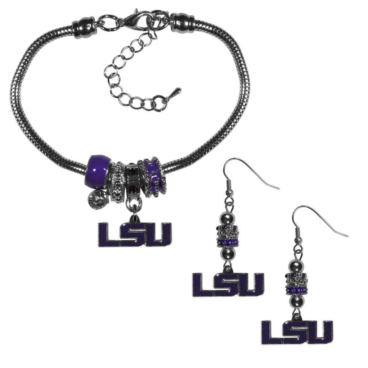 LSU Tigers Euro Bead Earrings and Bracelet Set - Flyclothing LLC
