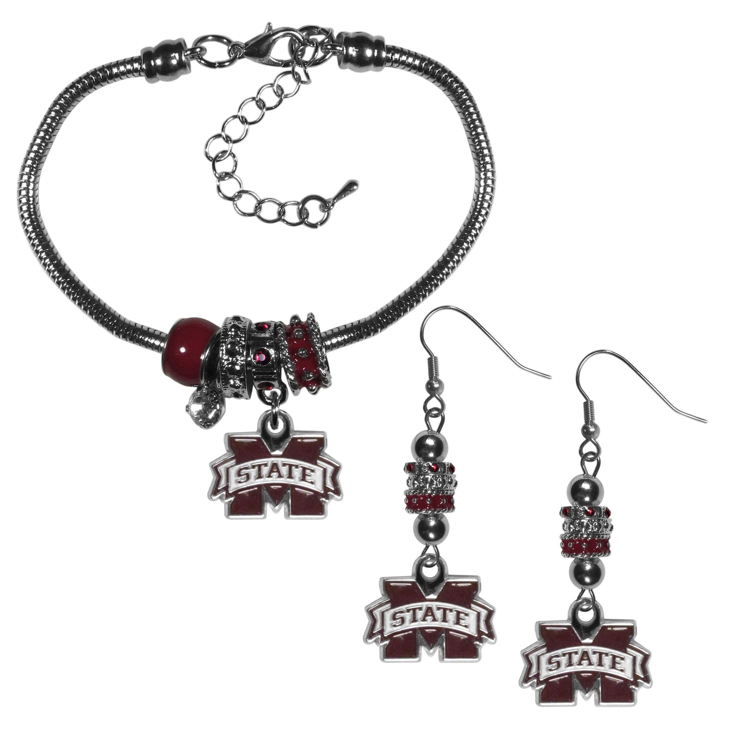Mississippi St. Bulldogs Euro Bead Earrings and Bracelet Set - Flyclothing LLC